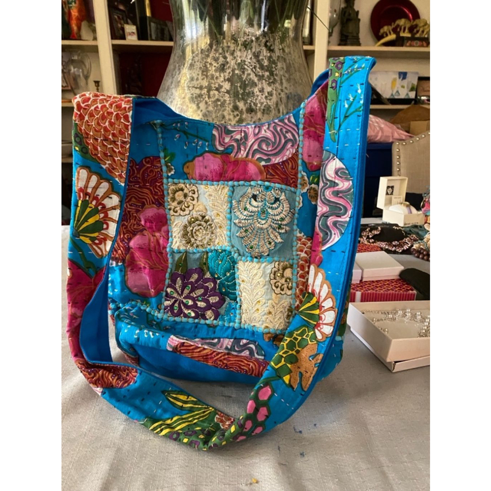 Tribe Azure Women's Blue Cotton Patchwork Shoulder Bag